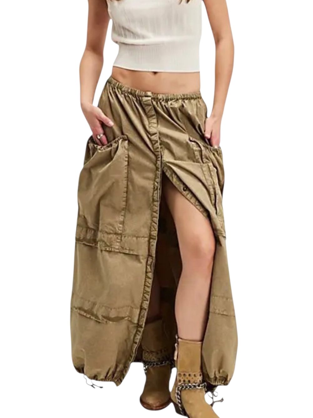 Free People Olive Green Maxi Skirt with Front Slit
